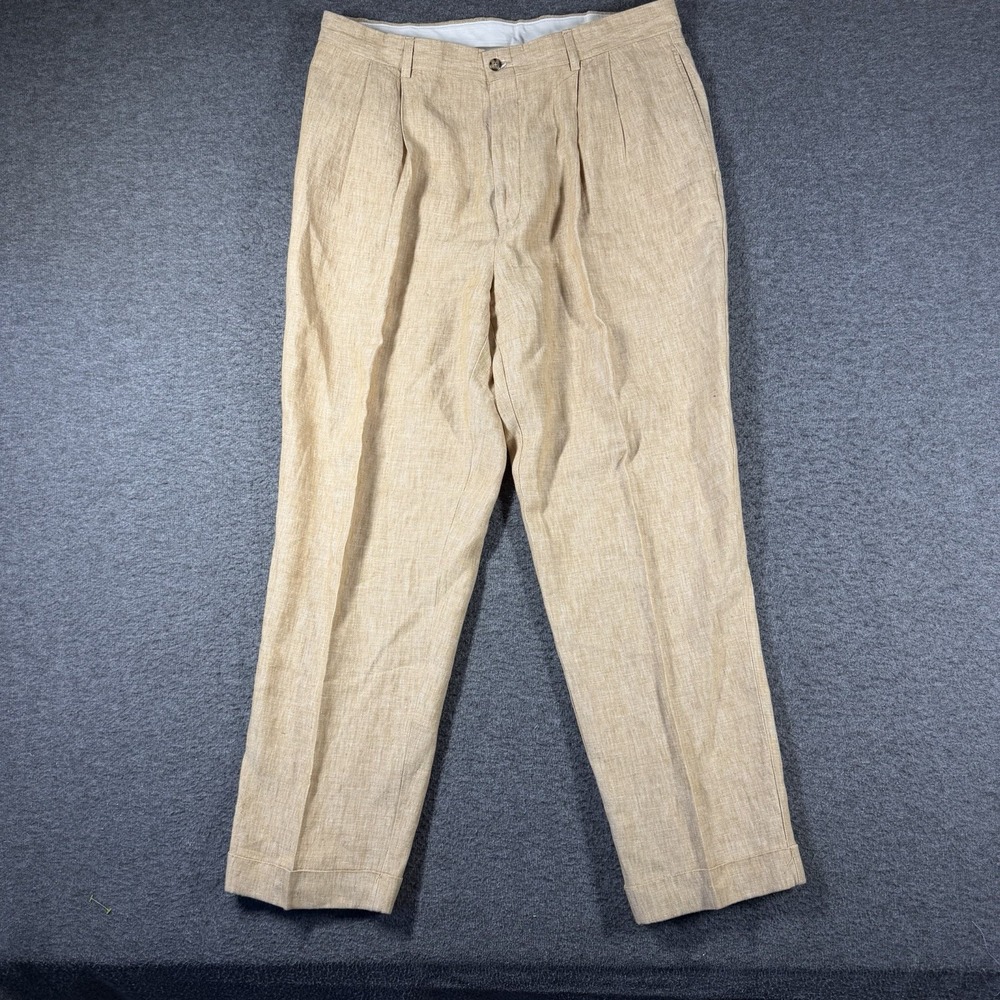 Turnbury 100% Linen Pleated Cuffed Chino Pants Mens Size 38X30 Beige